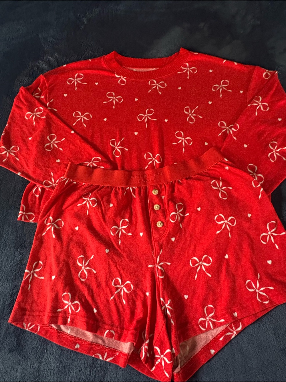 American Eagle Outfitters Red Bow-Print Pajama Top & Shorts Set